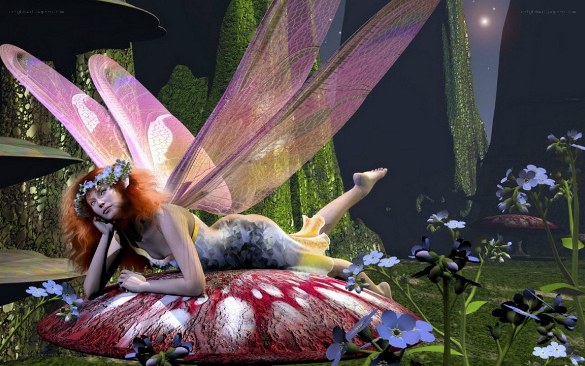 Fairy resting on a mushroom