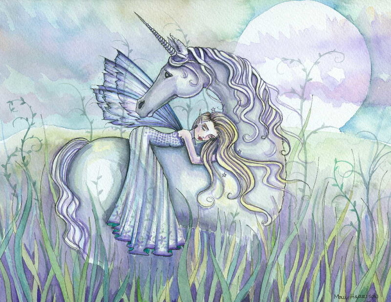 Fairy resting on unicorn