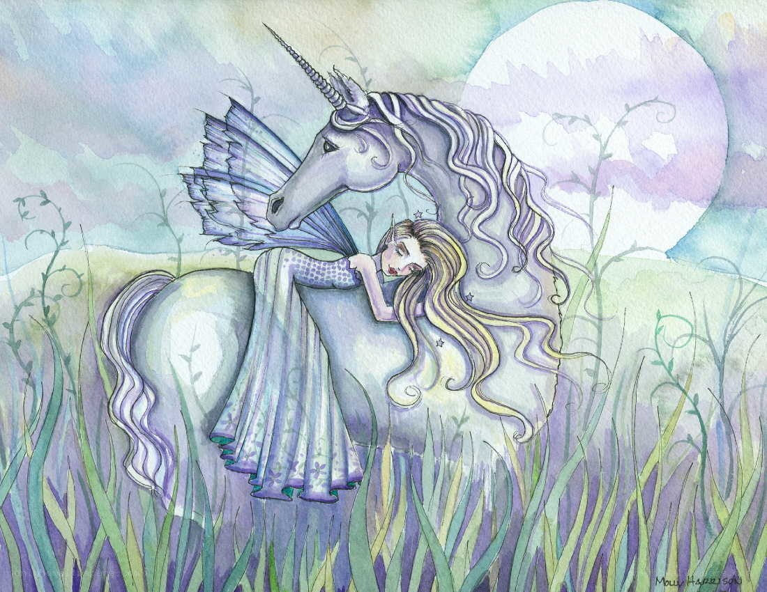 Fairy resting on unicorn