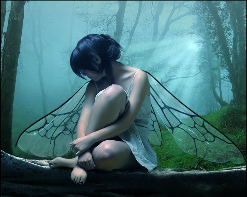 Fairy Sitting in Forest — Green, Melancholic