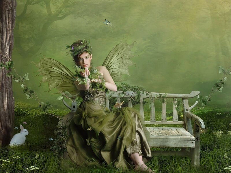 Fairy Sitting on Bench — Green, Serene