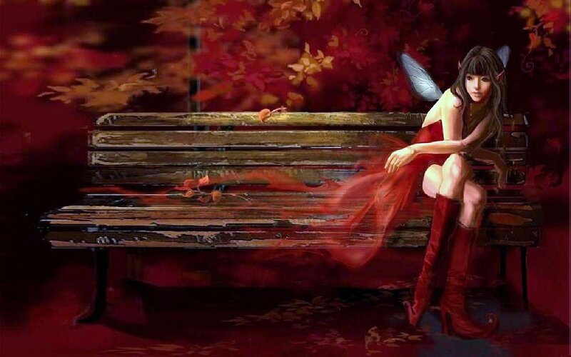 Fairy Sitting on Bench — Red, Dramatic