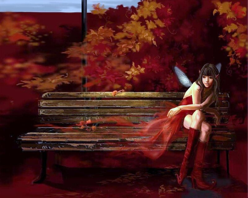 Fairy Sitting on Bench — Red