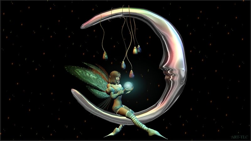 Fairy Sitting on Crescent Moon — Black, Serene, Night