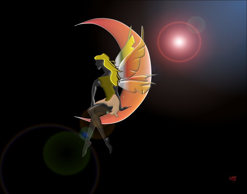Fairy Sitting on Crescent Moon — Black