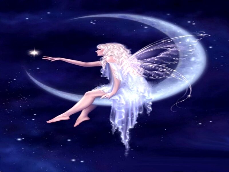 Fairy Sitting on Crescent Moon — Blue, Serene, Night