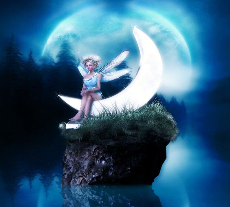 Fairy Sitting on Crescent Moon — Blue, Serene