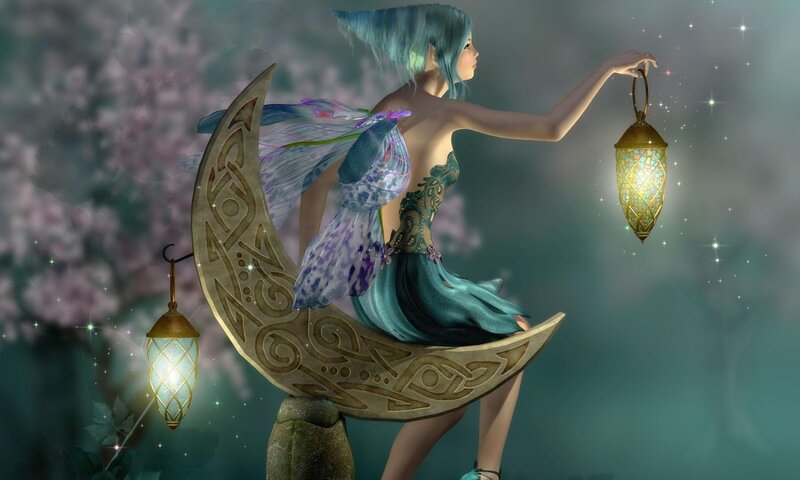 Fairy Sitting on Crescent Moon — Blue