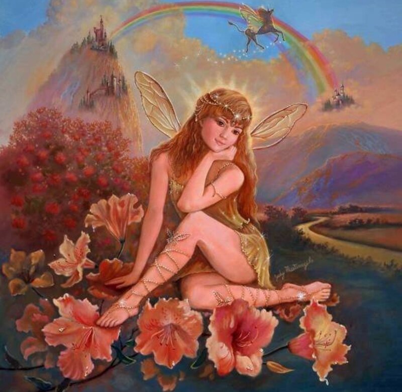 Fairy Sitting on Flowers — Pink