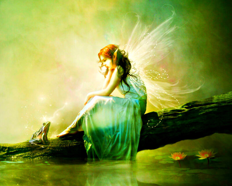 Fairy Sitting on Log — Green, Serene, Digital Art