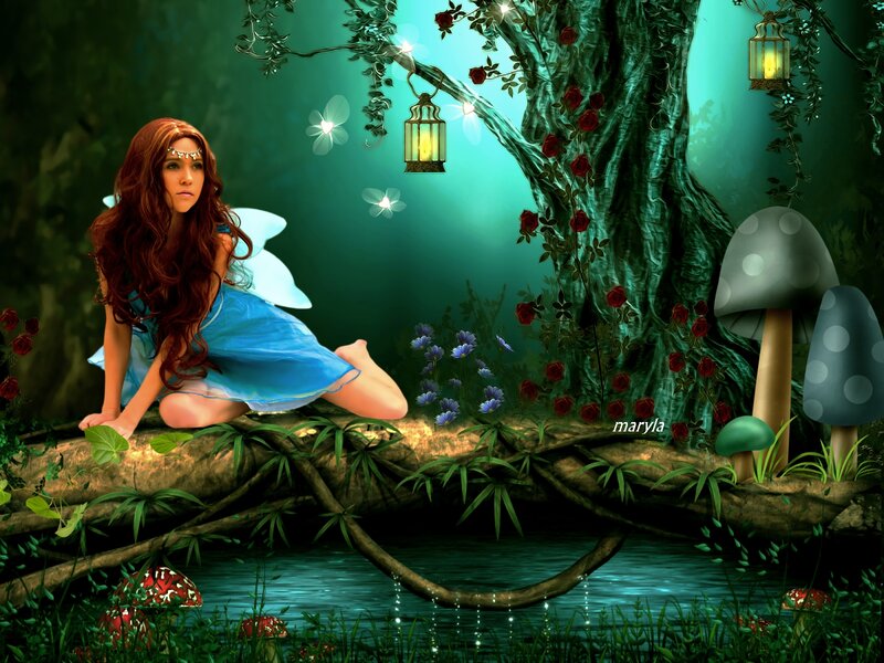 Fairy Sitting on Log — Green, Serene, Night