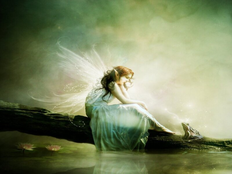 Fairy Sitting on Log — Green, Serene