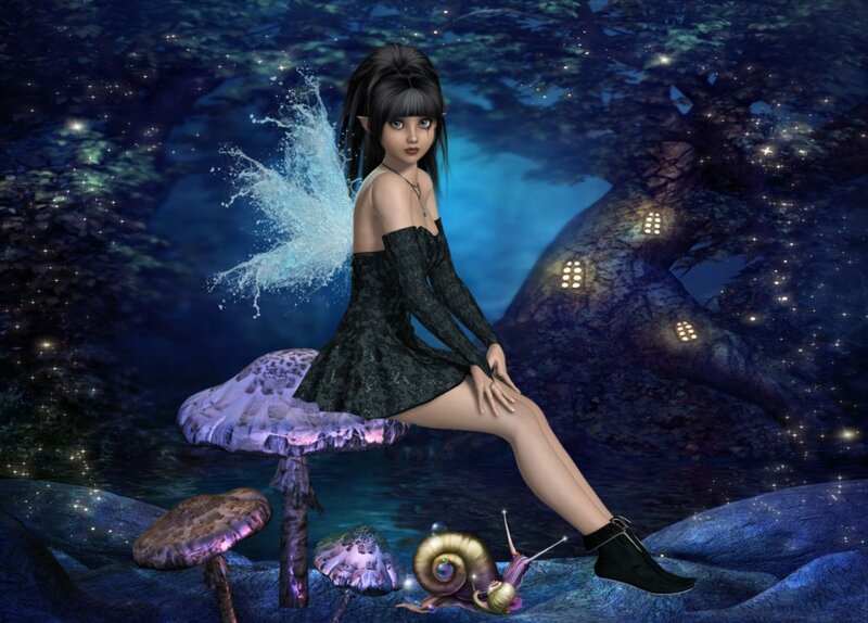Fairy Sitting on Mushroom — Blue, Fantasy