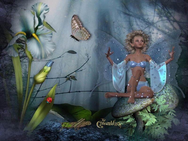 Fairy Sitting on Mushroom — Blue, Serene, Night