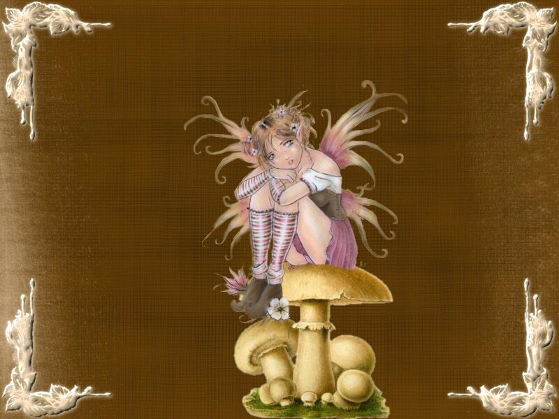 Fairy Sitting on Mushroom — Brown, Whimsical