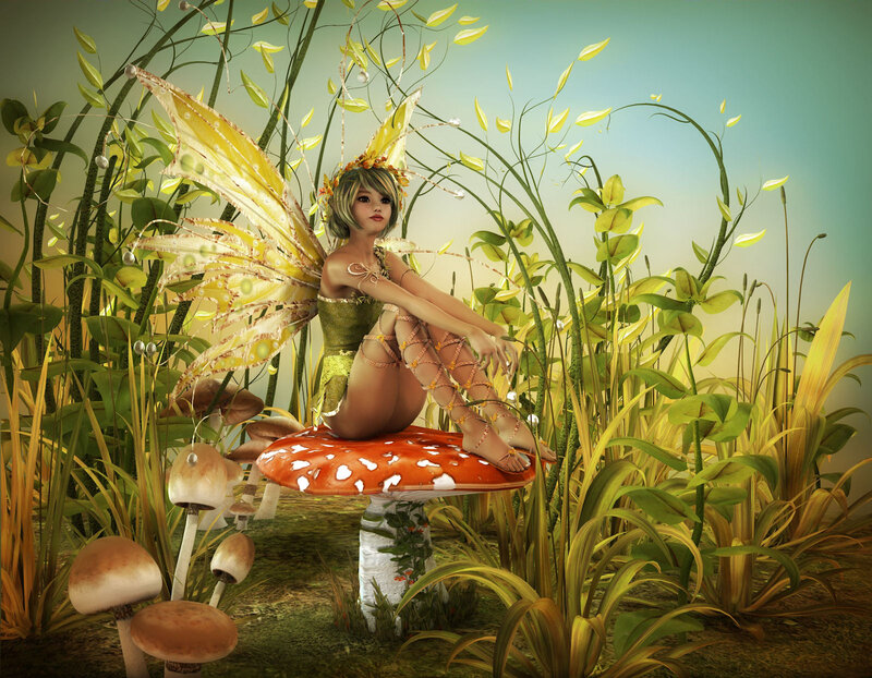 Fairy Sitting on Mushroom — Green, Serene, Afternoon, Digital Art