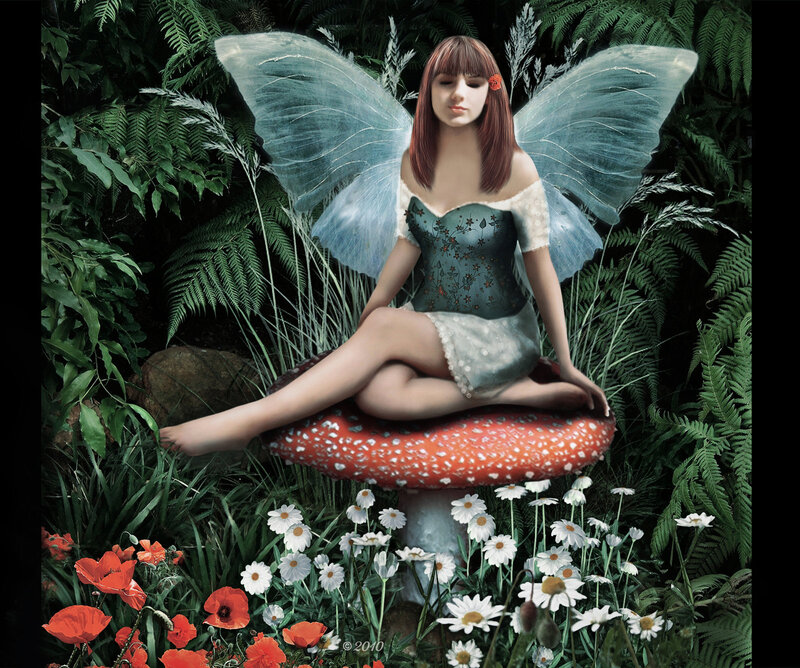 Fairy Sitting on Mushroom — Green, Serene, Afternoon