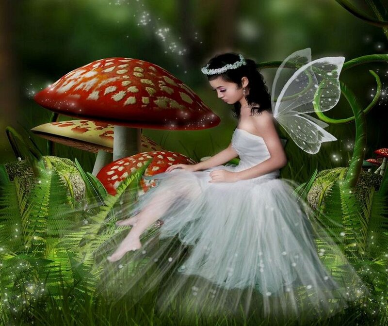 Fairy Sitting on Mushroom — Green, Serene, Digital Art