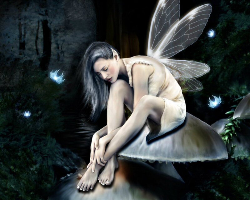 Fairy Sitting on Mushroom — Green, Serene, Night, Digital Art, Fireflies