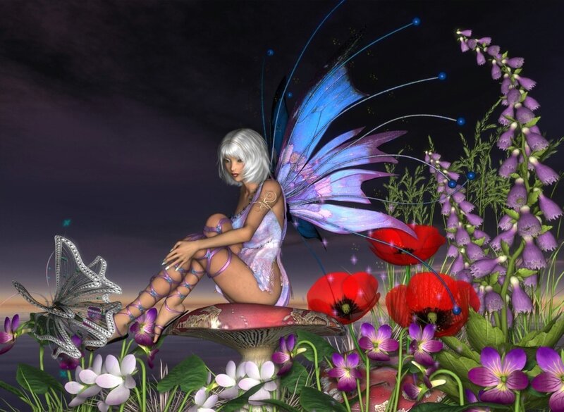 Fairy Sitting on Mushroom — Purple, Serene, Night, 3d Render