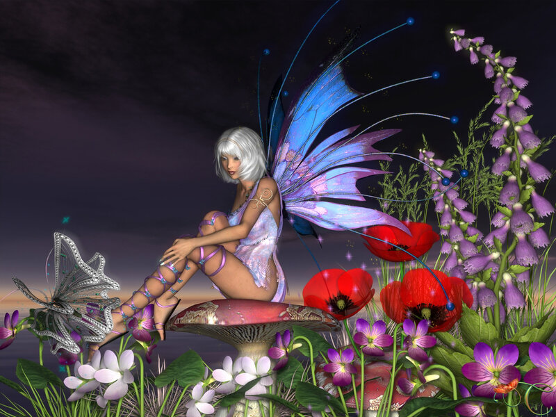 Fairy Sitting on Mushroom — Purple, Serene