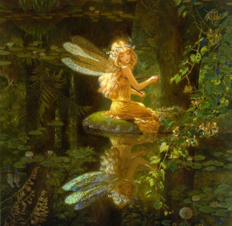 Fairy Sitting on Rock — Green, Serene, Afternoon, Painting