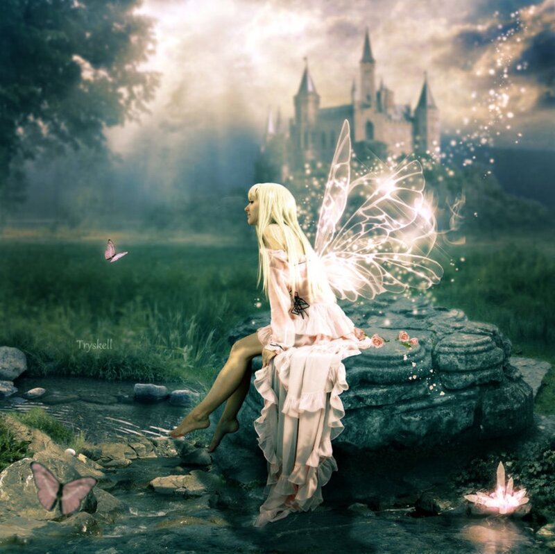 Fairy Sitting on Rock — Green, Serene, Afternoon