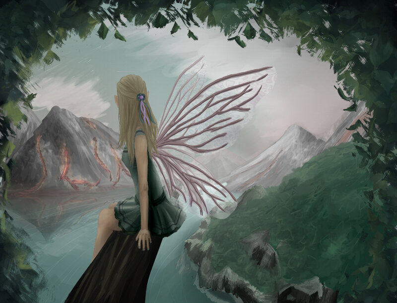 Fairy Sitting on Rock — Green, Serene, Digital Art