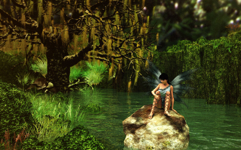 Fairy Sitting on Rock — Green, Serene, Night, Digital Art, River