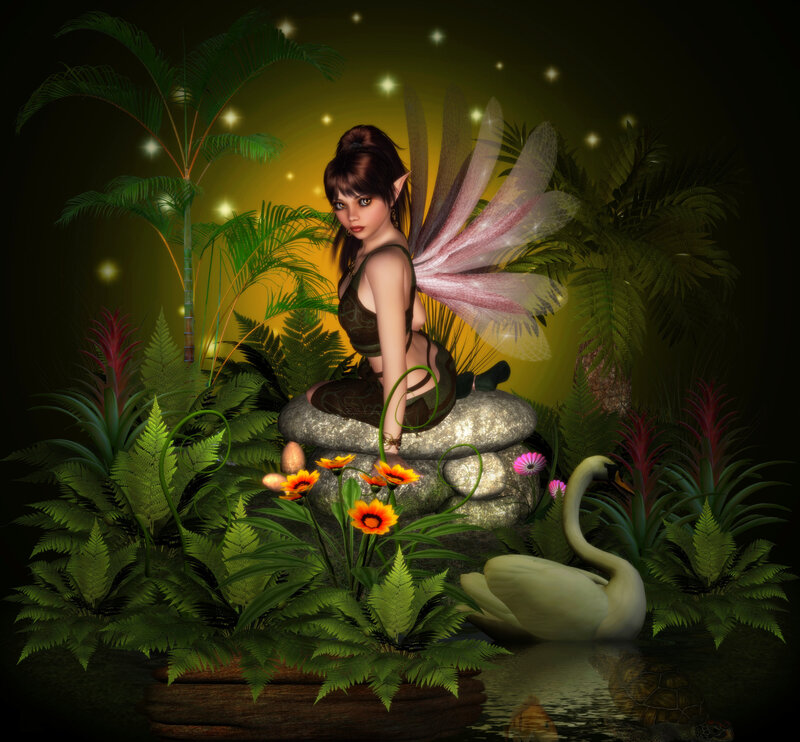 Fairy Sitting on Rock — Green, Serene, Night