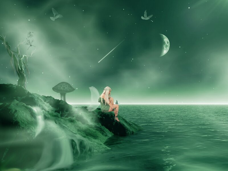 Fairy Sitting on Rock — Green, Serene
