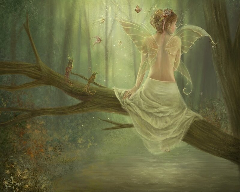 Fairy Sitting on Tree Branch — Green