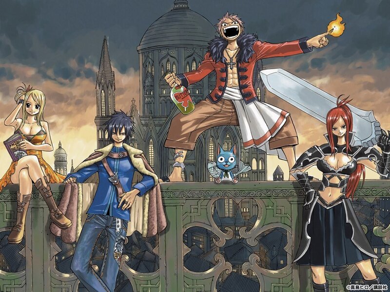Fairy Tail characters on a bridge