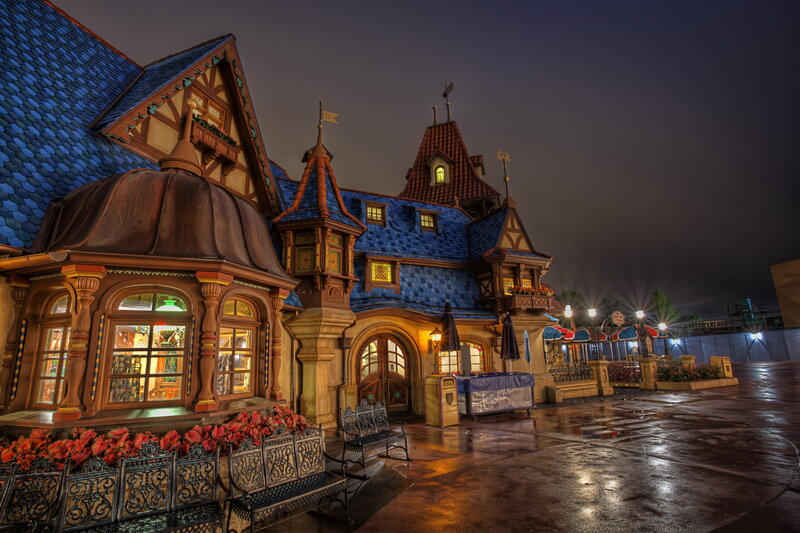Fairy-tale Building at Night — Blue, Dramatic, Photograph