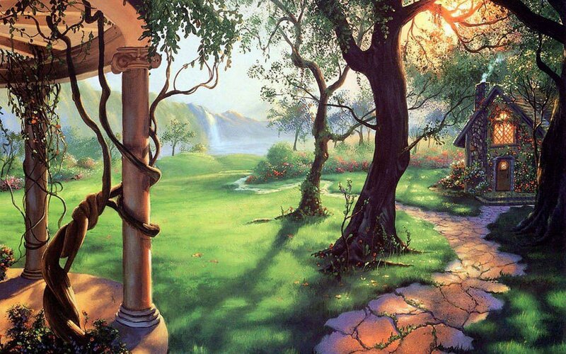 Fairy tale cottage in a sunlit glade