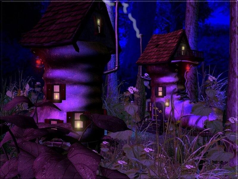 Fairy tale houses in a purple forest
