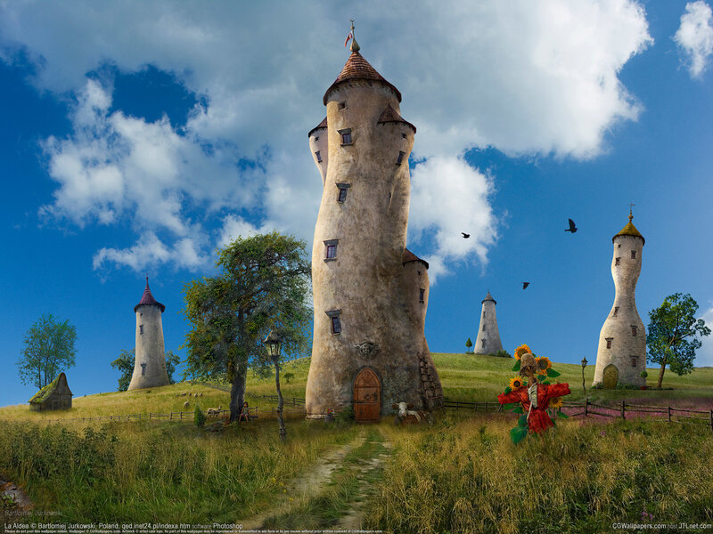 Fairy-tale towers in a green field