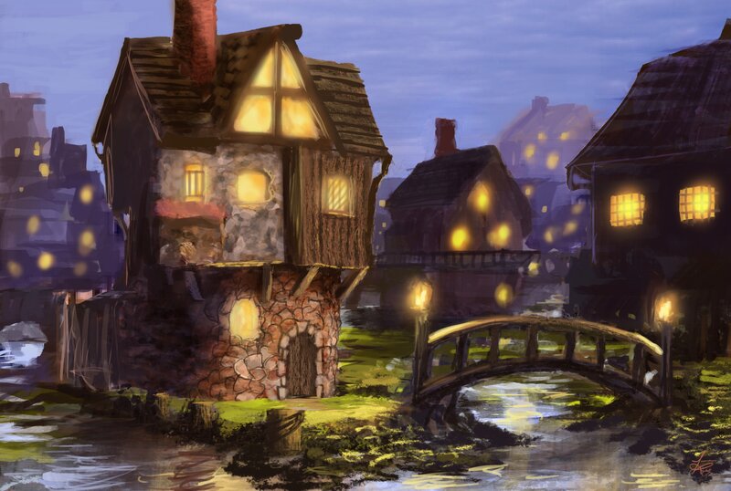 Fairy-tale Village at Night — Blue