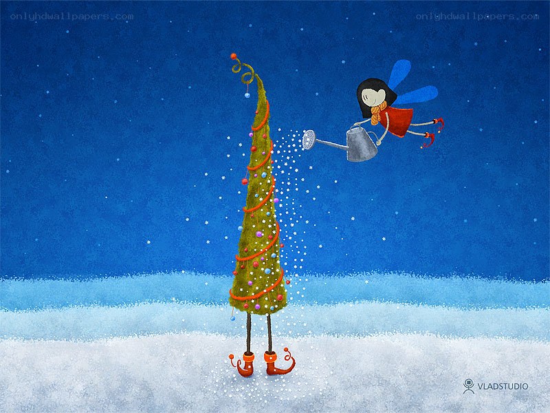 Fairy watering a Christmas tree