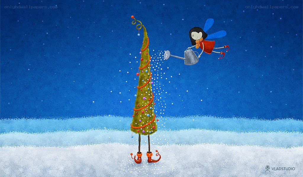 fairy watering a christmas tree