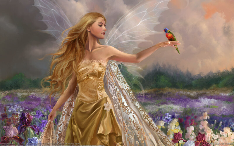 Fairy with Bird — Gold, Serene, Sunset