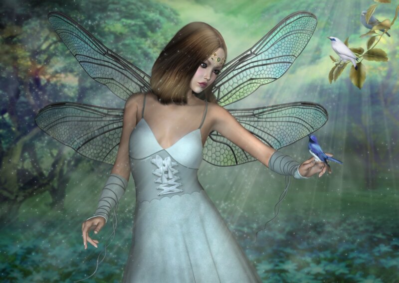 Fairy with Bird — Green, Serene