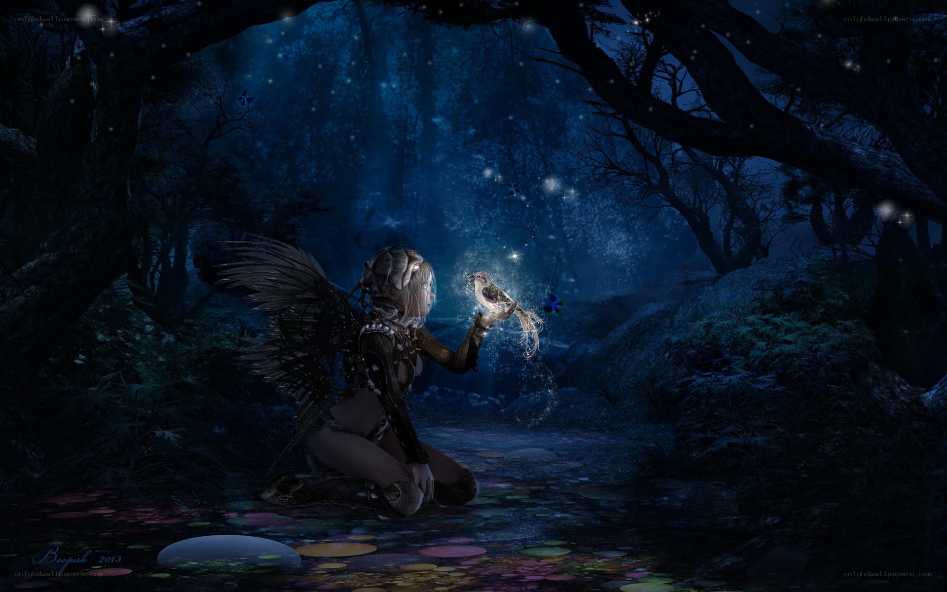 Fairy with bird in forest