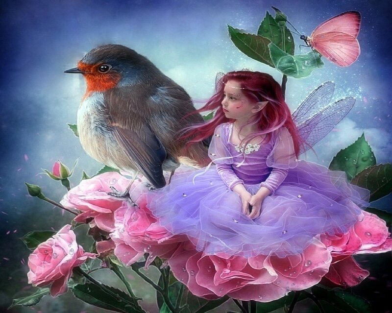 Fairy with Bird on Roses