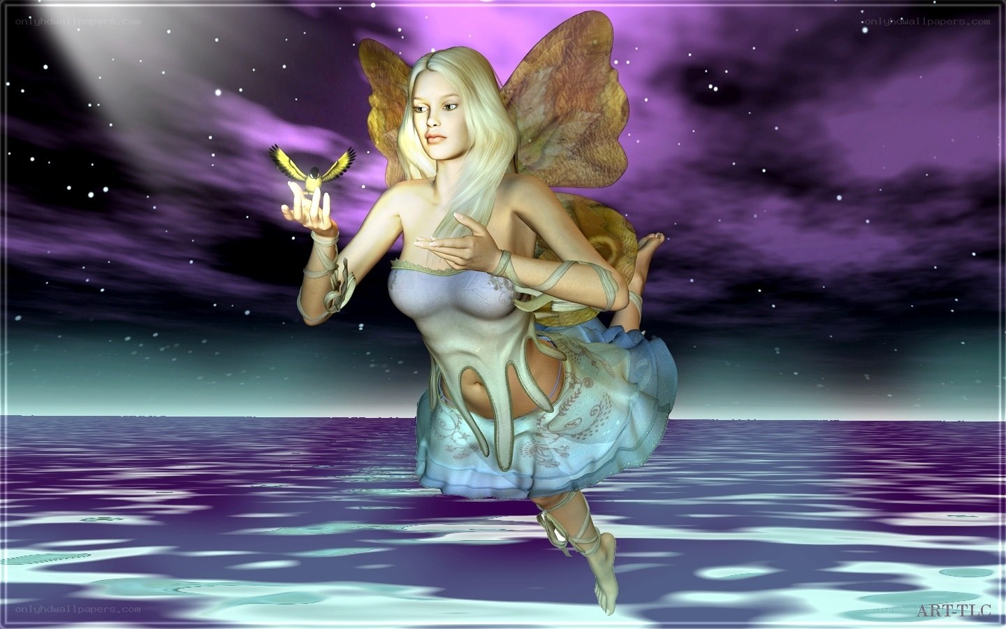 fairy with bird over water