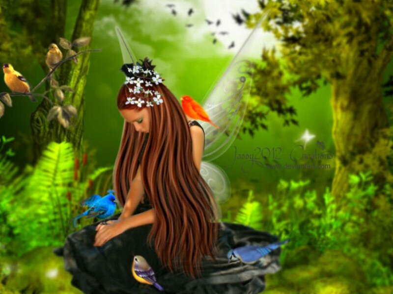 Fairy with Birds — Green, Serene