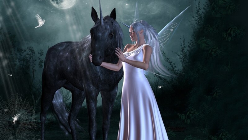 Fairy with Black Unicorn — White