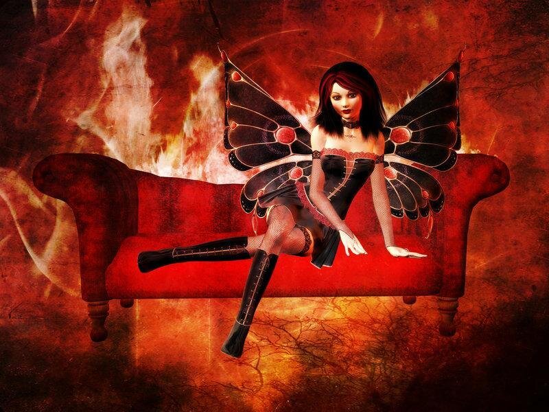 fairy with black wings on red couch