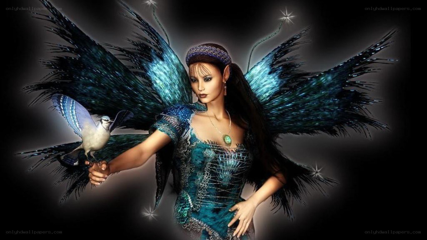 fairy with blue wings and bird