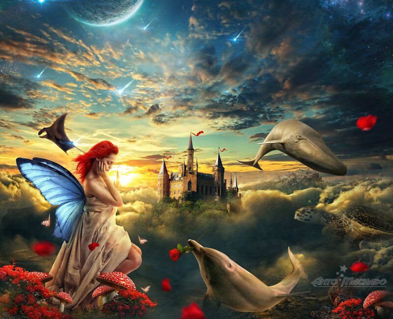 Fairy with Blue Wings — Fantasy, Sunset, Digital Art